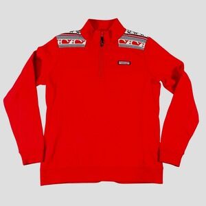 Vineyard Vines Mens Red Fair Isle Whale Quarter Zip Pullover Sweatshirt M Read